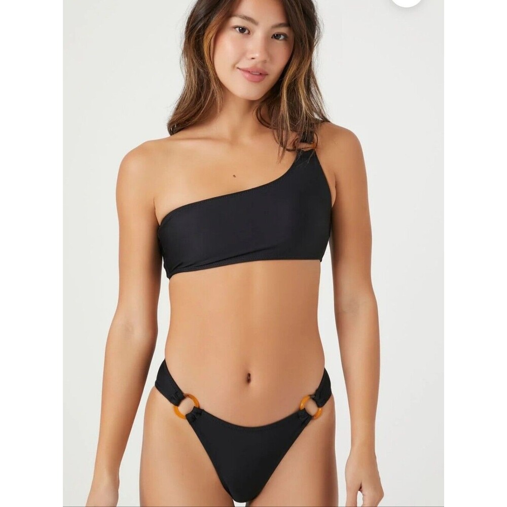 Forever 21 Two Piece Black One Shoulder Textured Bikini Swimsuit, Medium